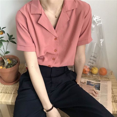 여름 2026 한 팬 레트로 부드러운 바람 단색 다용도 쉬폰 톱 chic 반팔 셔츠 여자 학생