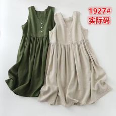 批发棉麻 V领<b class='q'>背心裙</b>前后两穿减龄文艺背带裙日系亚麻<b class='q'>无袖</b>连衣裙女