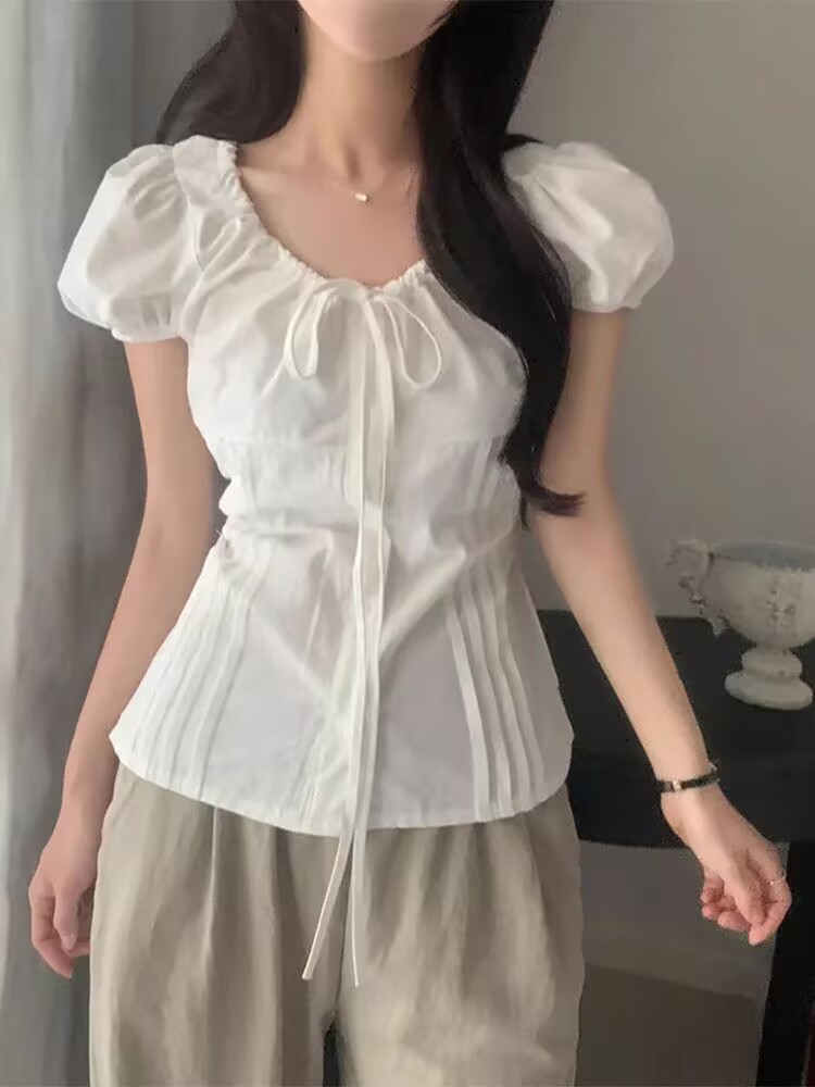 재고 있음 chic 한국 스타일 패션 레이스업 다용도 셔츠 라운드 넥 펌프 로프 허리 수축 품격 셔츠