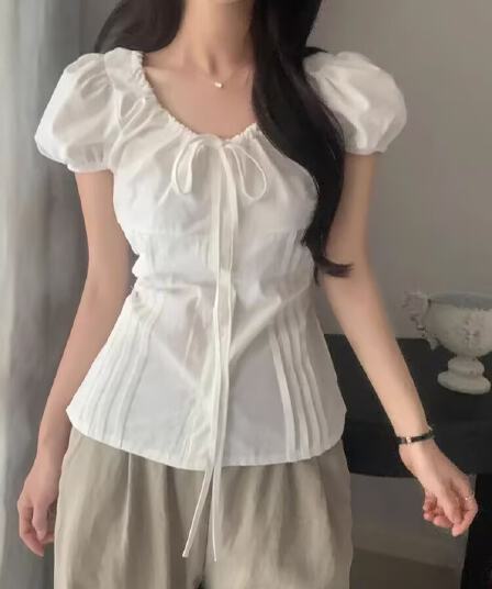 재고 있음 chic 한국 스타일 패션 레이스업 다용도 셔츠 라운드 넥 펌프 로프 허리 수축 품격 셔츠