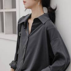 批发冷淡风复古质感垂感灰色<b class='q'>衬衫女</b>宽松<b class='q'>长袖</b>慵懒秋装外套港味叠穿