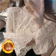 批发蕾丝打底衫女秋冬季内搭刺绣洋气<b class='q'>喇叭袖</b>网纱半高领上衣漂亮小衫