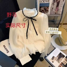 批发小香风蝴蝶结<b class='q'>衬衫</b>女春秋温柔木耳边法式复古宫廷系带长袖雪纺上衣