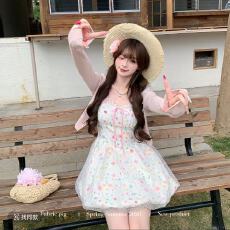 批发花漾甜茶 织物猪原创 早春度假风仙女感刺绣碎花吊带<b class='q'>连衣裙</b>汉服