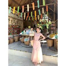 批发陳文文xenl蝶梦霓裳粉色吊带不规则连衣裙钉珠清迈度假风<b class='q'>长裙</b>