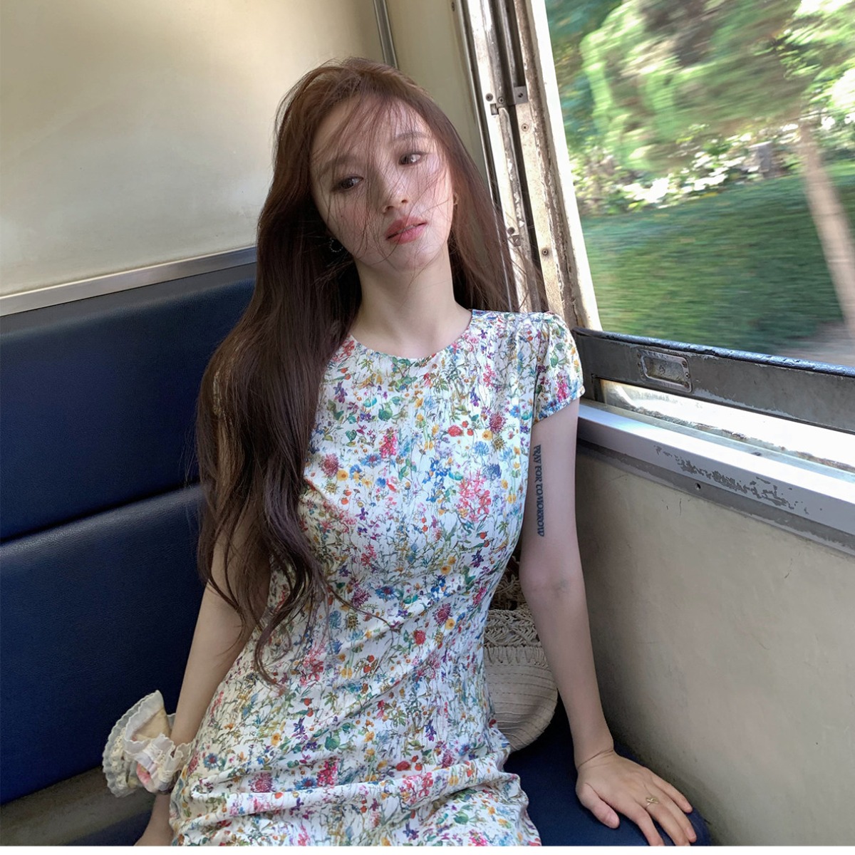 neurcz 모네 꽃 편지 반팔 꽃무늬 순면 여성 드레스 봄 여름 라운드 넥 길다 쇼트 스타일 몸매 가꾸기 허리 수축 치마