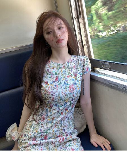 neurcz 모네 꽃 편지 반팔 꽃무늬 순면 여성 드레스 봄 여름 라운드 넥 길다 쇼트 스타일 몸매 가꾸기 허리 수축 치마