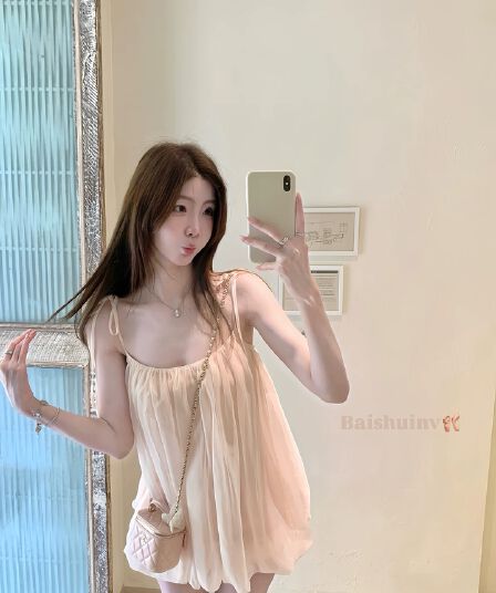 화이트 워터 여성 분말 안개 스와 리 서울 깨진 Pleat 슬립 미니 스커트 여성 여름 요정 바람 가벼움 우아한 퍼프 드레스