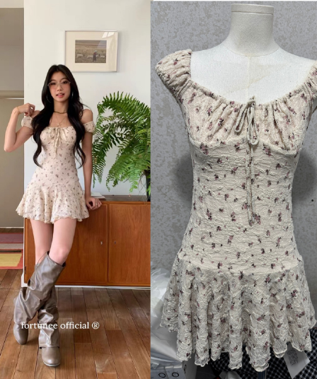 원본 품질 fortunee 꽃무늬 여성 드레스 새로운 허리 수축 슬림해 보이는 레이스 오프숄더 미니 스커트