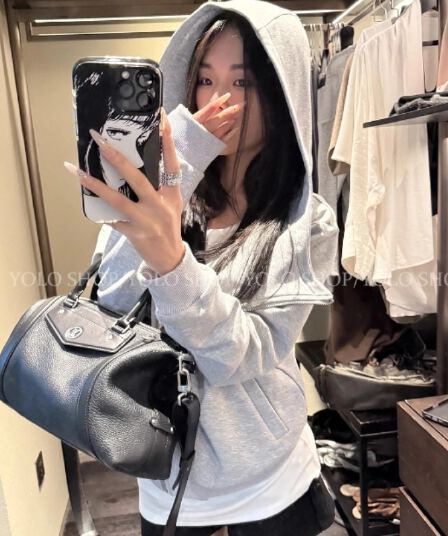 yolo shop 검정색 후드 티 스웨터 여성 몸매 가꾸기 다용도 디자인 센스 폴로 칼라 아메리칸 카디건 코트 맨위