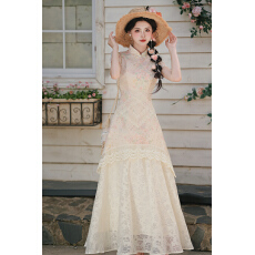 批发实拍 独特漂亮新中式改良旗袍女夏蕾丝镂空掐腰碎花连衣裙 + 40