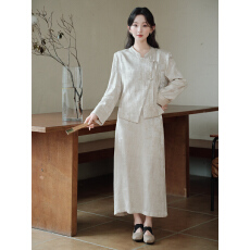 批发实拍  杏色新中式两件套装女秋冬国风上衣高腰半身裙子两件套+40