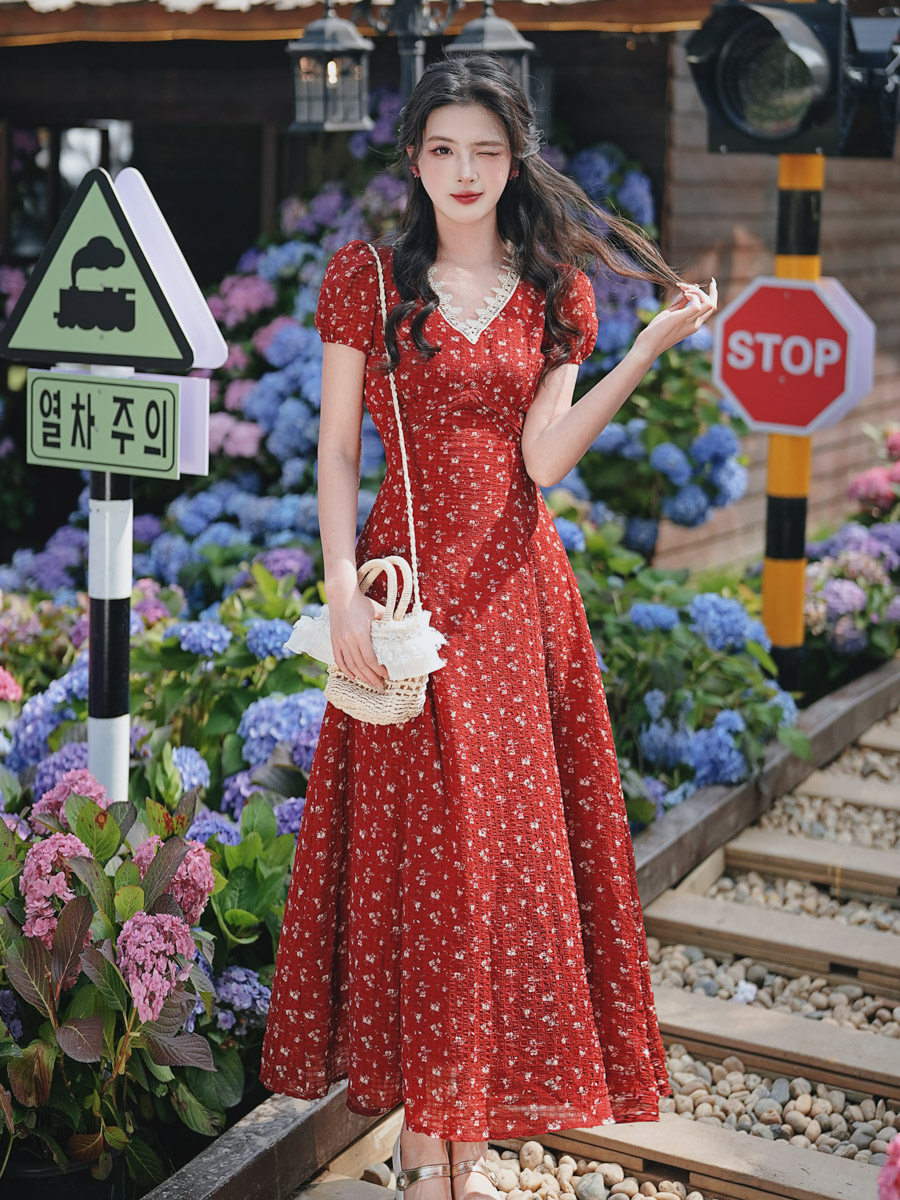 실사 휴가 바람 꽃무늬 품격 레트로 허리 수축 품격 프랑스식 꽃무늬 여성 드레스 40