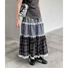 批发<b class='q'>复古</b>格子拼接蕾丝花边半身裙女2026夏季松紧腰A字蛋糕中<b class='q'>长裙</b>