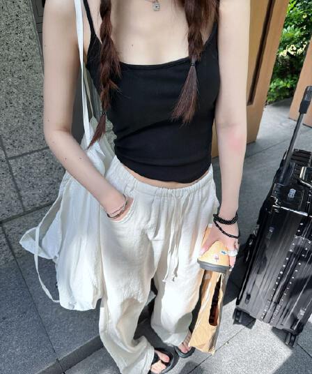 워싱 라미 바지 2026 봄 허리밴드 펌프 로프 캐주얼 면 린넨 와이드 레깅스 바지 오래된 돈 바람 느슨함 센스 아마 바지