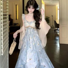 批发蝶舞星河 优雅少女感蝴蝶亮片吊带裙仙气荷叶边层次裙摆