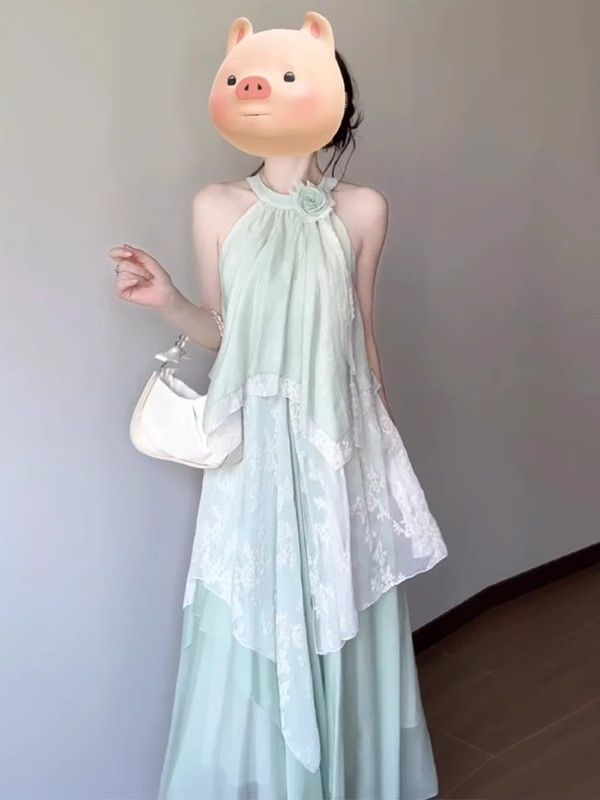 슈퍼 요정 휴가 바람 오프숄더 행침 목 드레스 여름 한 부서 순수한 욕망 레이스 조각 불규칙 레이스 롱 스커트 여성