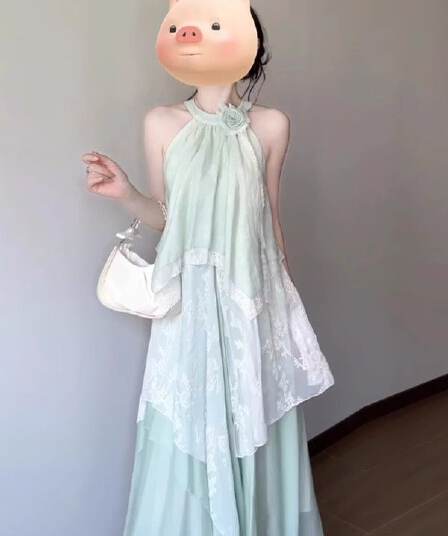 슈퍼 요정 휴가 바람 오프숄더 행침 목 드레스 여름 한 부서 순수한 욕망 레이스 조각 불규칙 레이스 롱 스커트 여성