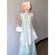 批发超仙度假风露肩挂脖连衣裙<b class='q'>夏</b>季韩系纯欲蕾丝拼接不规则花边长裙女