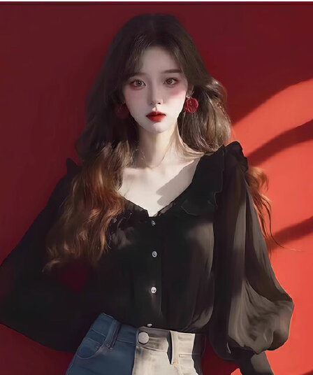 2026 조기 봄 가을 새로운 셔츠 작은 대중 Chic 고급 센스 한 부서 연령 감소 검정색 프릴 쉬폰 톱