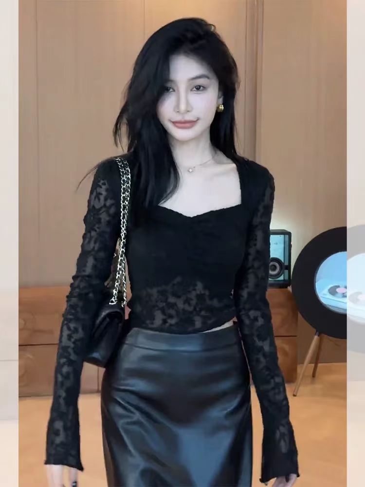 이른 가을 검정색 광장 칼라 긴팔 레이스 시폰 셔츠 여성 가을 겨울철 몸매 가꾸기 인사이드 가져 가라. 기본 셔츠 Chic 고유 한 맨위