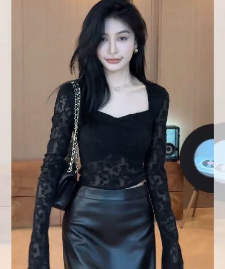 이른 가을 검정색 광장 칼라 긴팔 레이스 시폰 셔츠 여성 가을 겨울철 몸매 가꾸기 인사이드 가져 가라. 기본 셔츠 Chic 고유 한 맨위