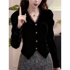 批发高级感V领<b class='q'>蕾丝</b>拼接金丝绒打底衫女2025秋冬新款时髦内搭短款<b class='q'>衬衫</b>