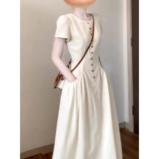 批发法式气质短袖连衣裙女夏季高级感复古<b class='q'>亚麻</b>裙子简单大方的插腰<b class='q'>长裙</b>