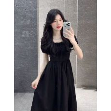 批发高级感法式裙子黑色<b class='q'>赫本</b><b class='q'>风</b>短袖连衣裙2025年夏季新款方领长裙女装