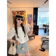 批发aaaaxbbb 巴拿马玫瑰 中袖娃娃领纯棉白衬衫抓襟花边泡泡袖上衣女