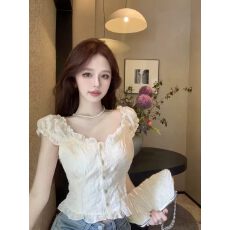 批发夏季新款女法式碎花泡泡袖雪纺衬衫气质短款上衣甜美短袖白色衬衣