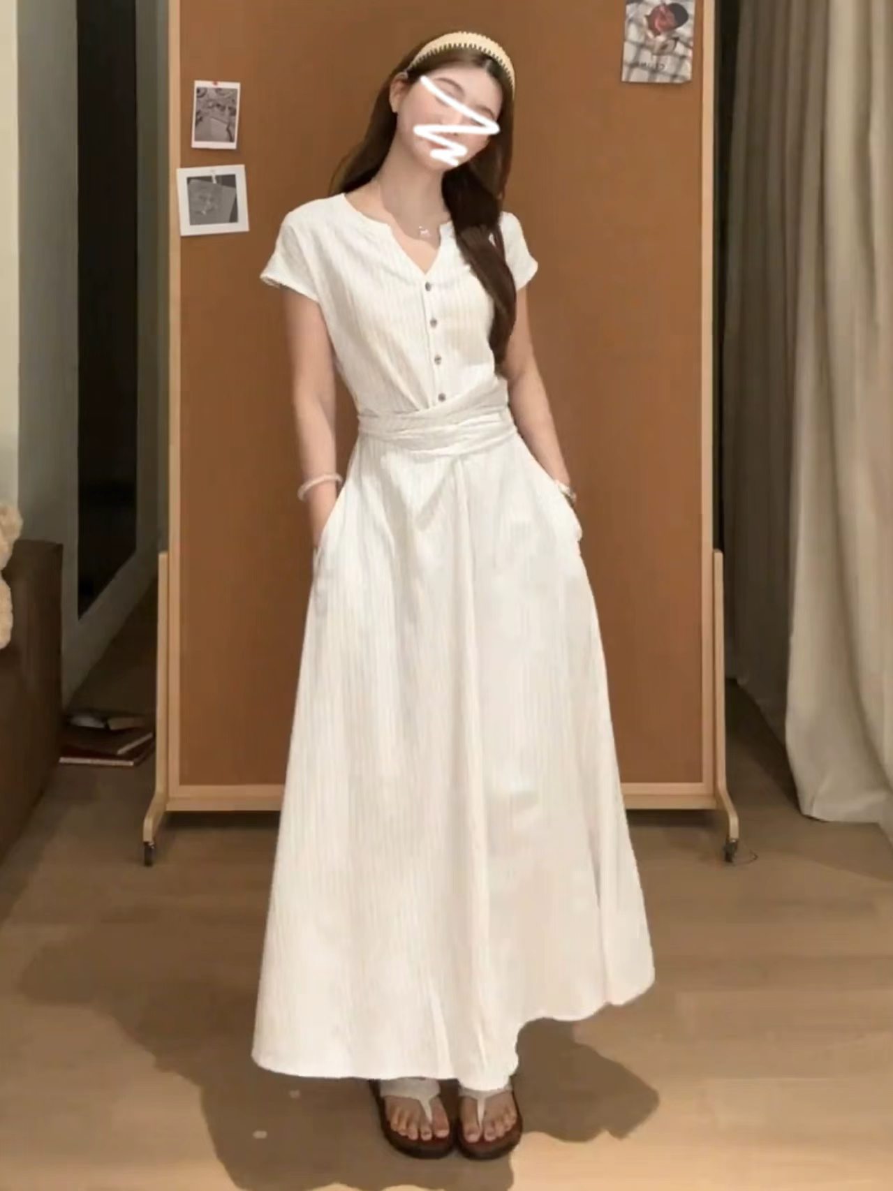 II 양 디자인 나인 쉥 출퇴근 지식인 바람 화이트 스트라이프 드레스 여성용 짧은 소매 셔츠 드레스 롱 스커트