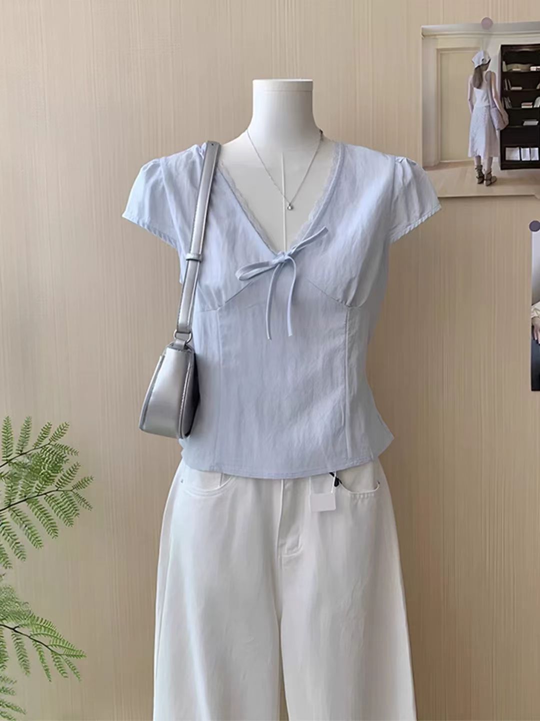 디자인 센스 파란색 긍정적 인 어깨 아마 반팔 여성 셔츠 여름 고유 한 아름다운 쇼트 스타일 허리 수축 레이스 면 린넨 맨위