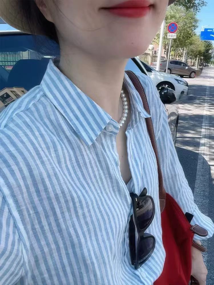 프랑스식 파란색 스트라이프 아마 면 린넨 자외선 차단 여성 셔츠 봄 클래식 오래된 돈 바람 루즈핏 통기성 자외선 차단 셔츠