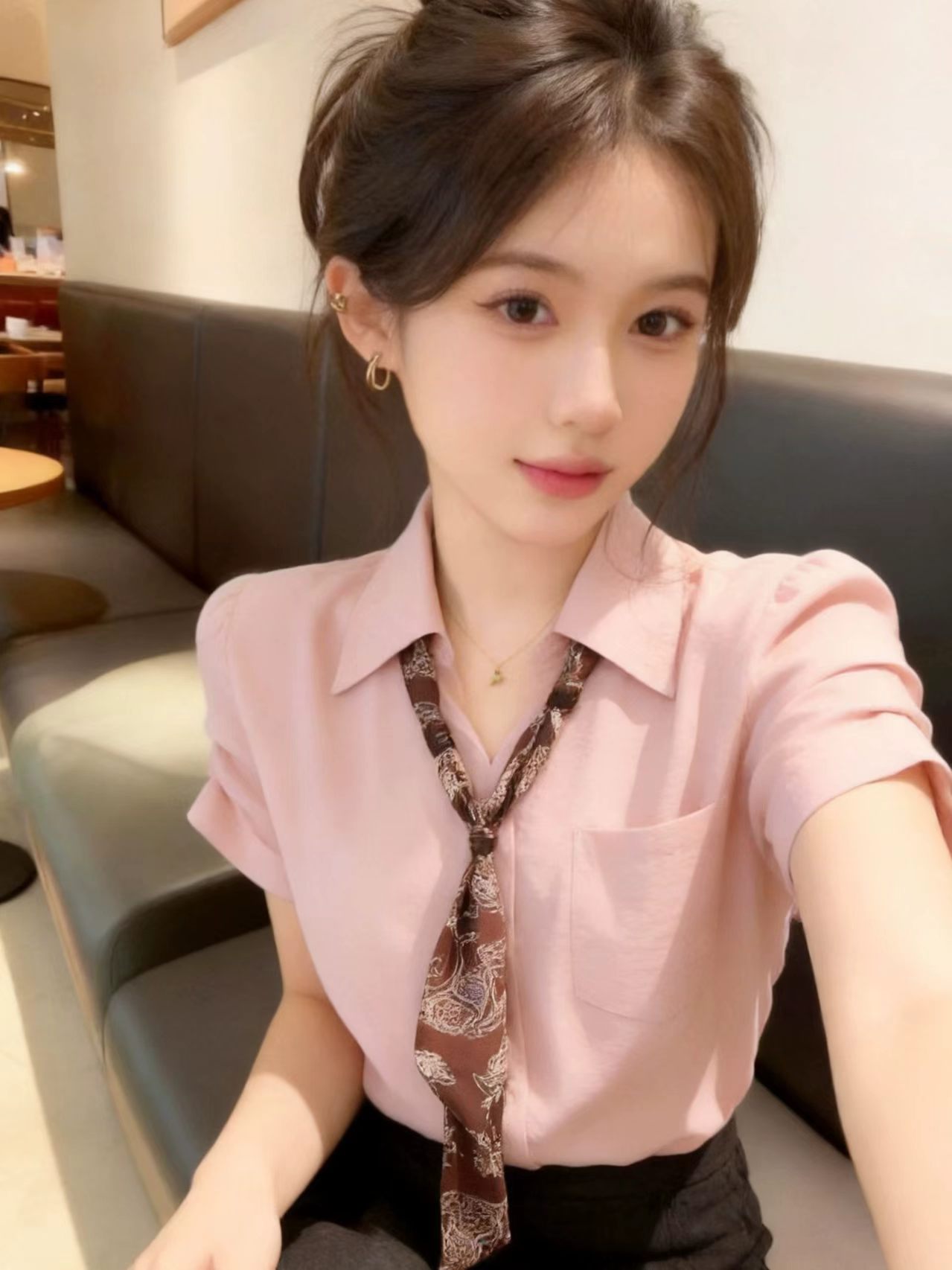 핑크색 V넥 반팔 여성 셔츠 여름 2026 새로운 품격 자이언트 잘 생긴 스카프 넥타이 셔츠 고유 한 맨위