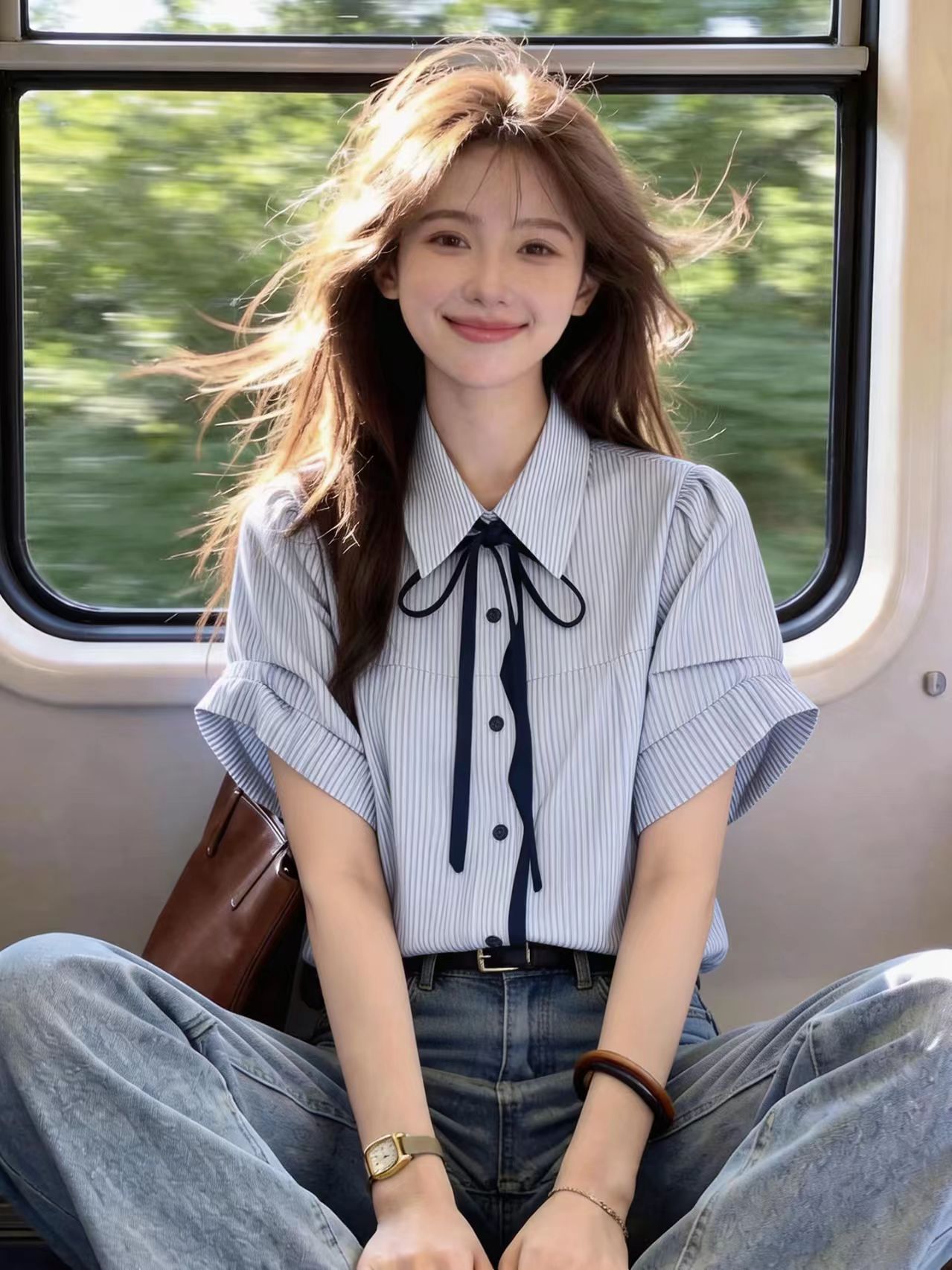 학원 스타일 출퇴근 스트라이프 나비 넥타이 반팔 여성 셔츠 2026 여름 새로운 연령 감소 다용도 셔츠 루즈핏 맨위