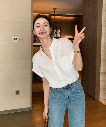 maven lin 코치 비와 이슬 마 원본 마 색상 반팔 여성 셔츠 여름 루즈핏 폴로 칼라 출퇴근 아마 셔츠