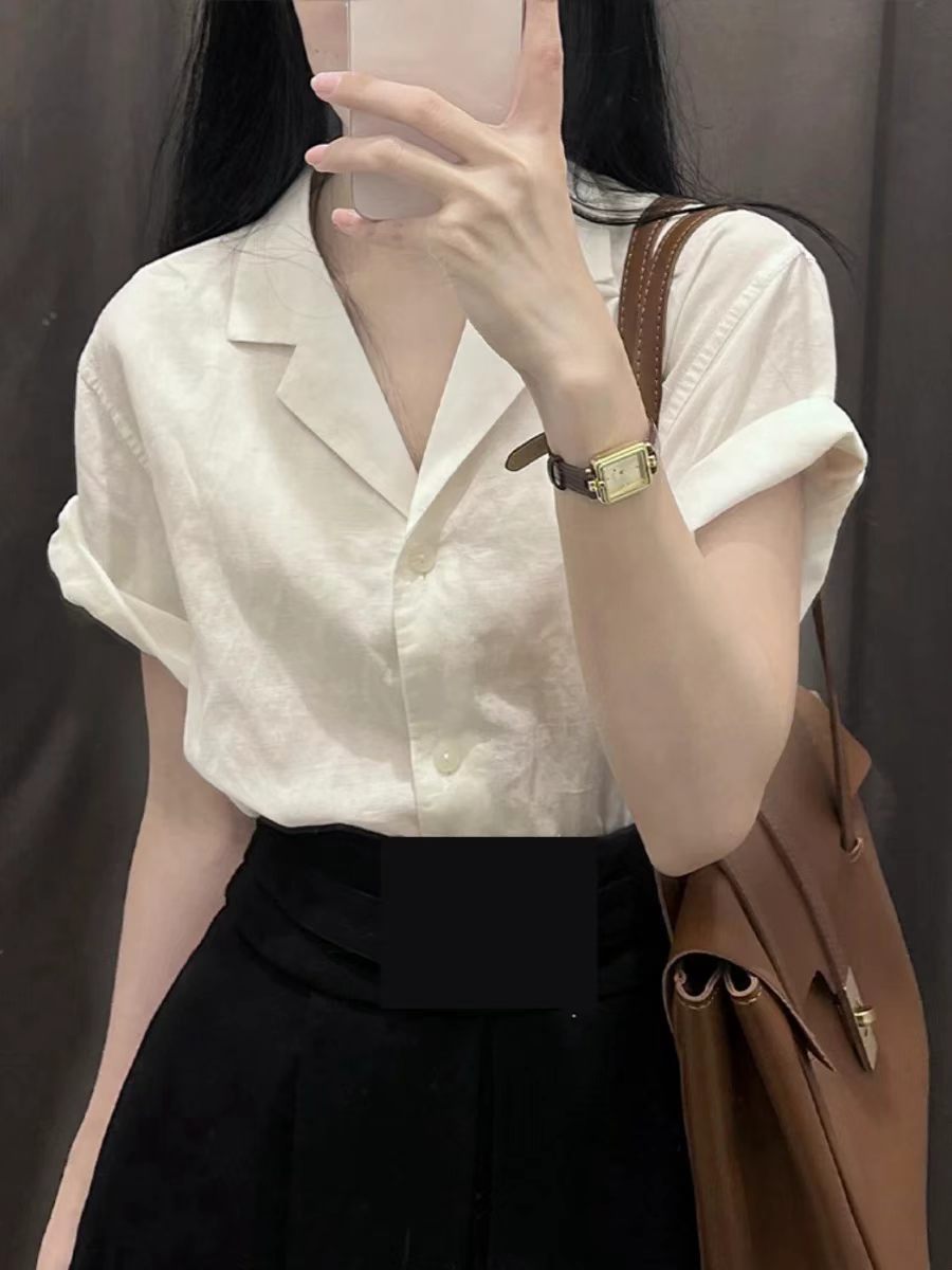 새로운 화이트 면 린넨 폴로 칼라 반팔 긍정적 인 어깨 셔츠 맨위 여성 여름 프랑스식 아마 작은 대중 Chic 셔츠 트렌디