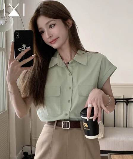 박하 녹색 반팔 여성 셔츠 여름 새로운 출퇴근 착용 가져 가라. 직장 맨위 프랑스식 녹색 콩 그린 닦아내 라. 차 셔츠