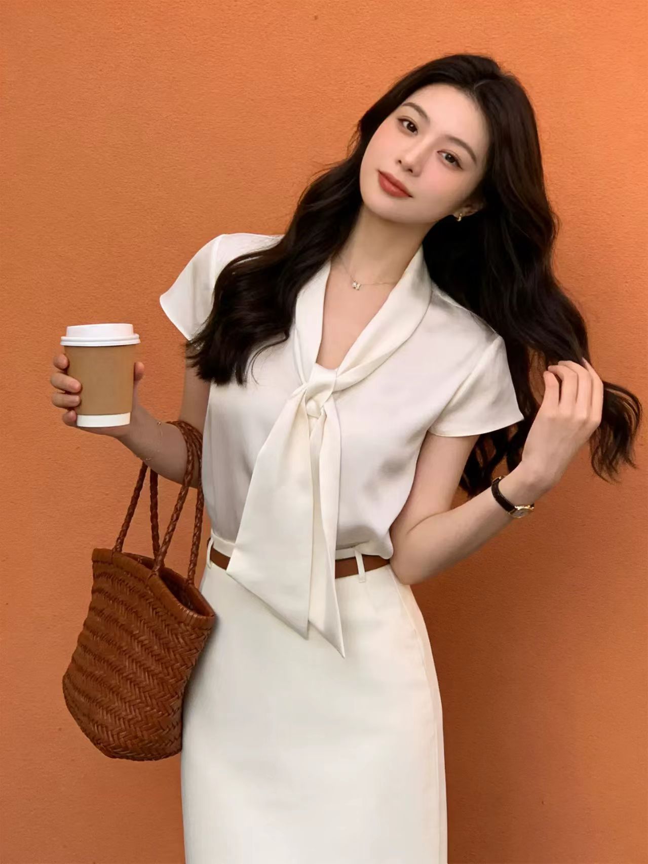 프랑스식 화이트 리본 아세트산 새틴 반팔 여성 셔츠 여름 작은 키 셔츠 경력 출퇴근 쉬폰 톱