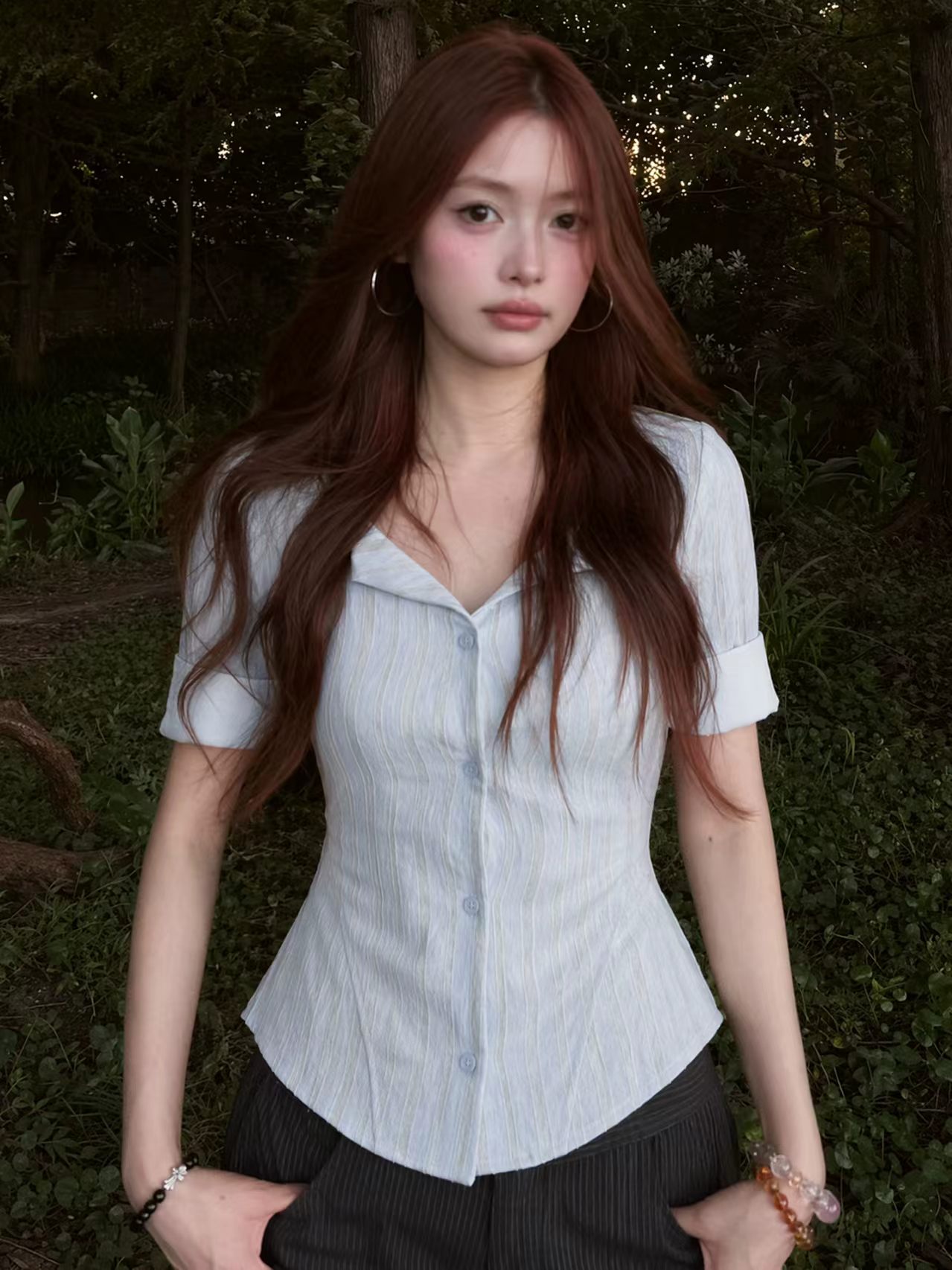 um11 바다 소금 coco polo 더블 칼라 스트라이프 반팔 티셔츠 셔츠 2026 여름 새로운 허리 수축 맨위