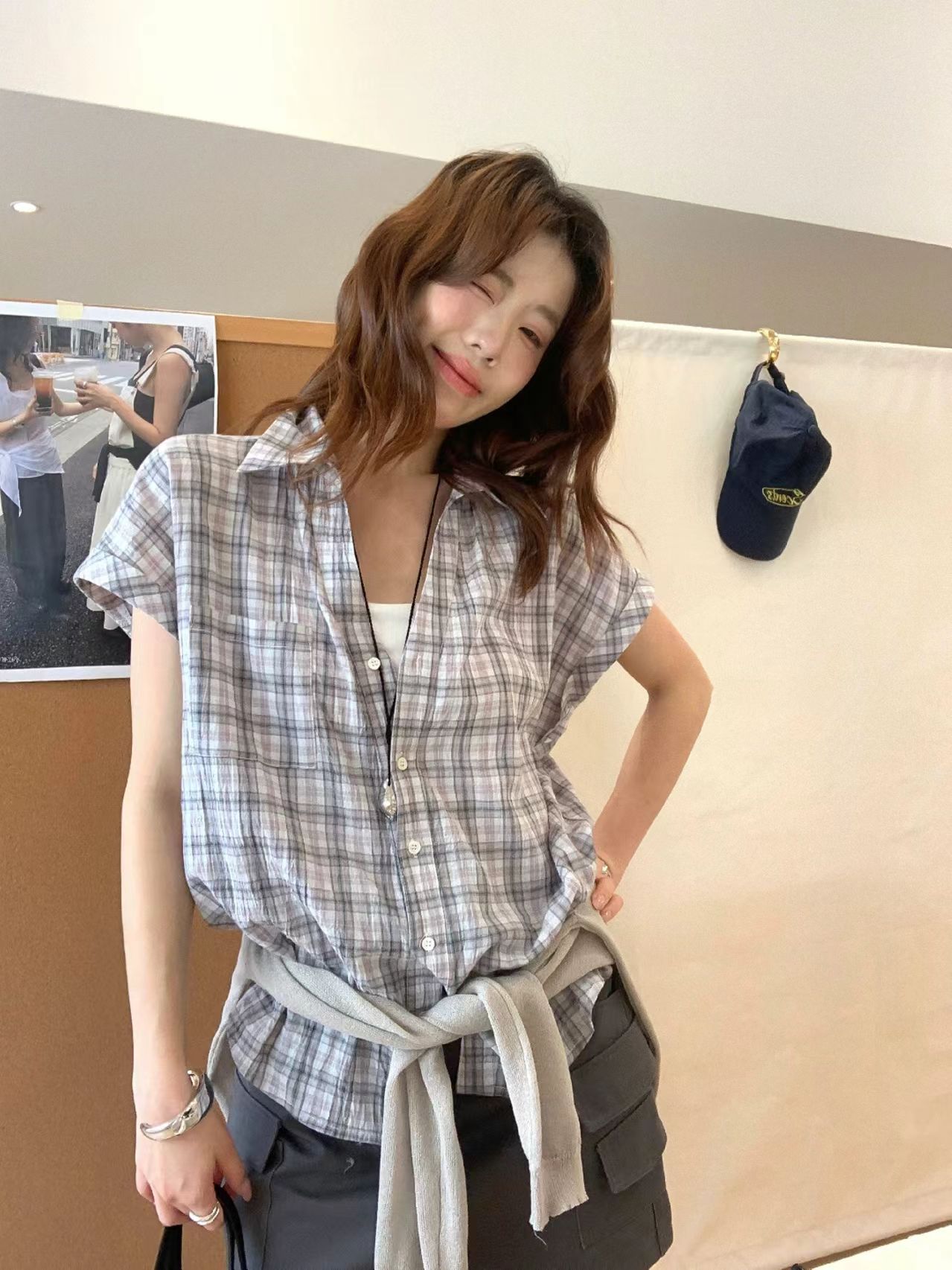 tootoo 한 부서 캐주얼 체크무늬 반팔 여성 셔츠 여름 느긋한 레트로 항구 바람 루즈핏 슬림해 보이는 스택 착용 맨위