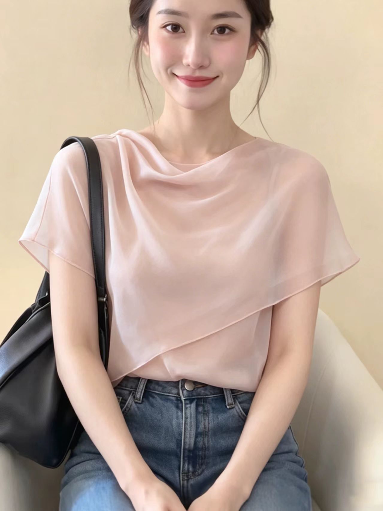 프랑스식 핑크색 흔들다 칼라 숄 반팔 여성 셔츠 2026 여름 새로운 디자인 센스 자이언트 잘 생긴 ~ 중 품격 맨위