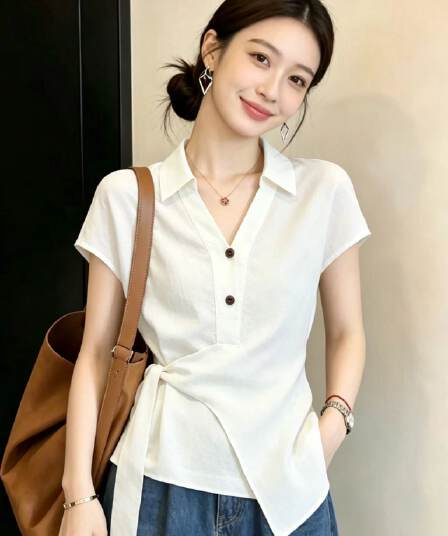 화이트 폴로 칼라 반팔 셔츠 여자 2026 새로운 여름 레이스업 허리 수축 프랑스식 사소한 Chic 맨위 셔츠