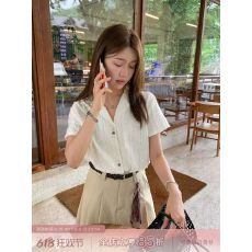 批发Sisilyon 心动入场~<b class='q'>韩版</b>肌理条纹短袖衬衫女小个子轻职场凉感衬衣