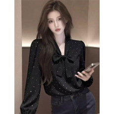 批发法式赫本风黑色波点蝴蝶结衬衫女早春新款小众独特别致<b class='q'>长袖</b>上衣服