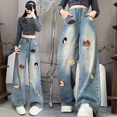 批发实拍 可爱牛仔长裤宽松紧高腰直筒阔腿裤显瘦裤<b class='q'>加肥</b>大码<b class='q'>女装</b>230斤