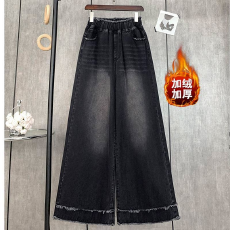 批发实拍 黑色加绒牛仔长裤宽松紧高腰阔腿裤显瘦<b class='q'>加肥</b><b class='q'>加大</b>码<b class='q'>女装</b>230斤