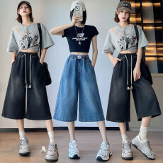 批发实拍 牛仔裤<b class='q'>七分</b>裤宽松紧高腰直筒阔腿裤显瘦裤加肥大码女装230斤