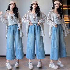 批发实拍 <b class='q'>七分</b>裤牛仔裤宽松紧高腰直筒阔腿显瘦休闲加肥大码女装230斤